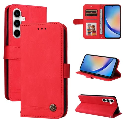 Funda de Cuero Skin Feel Life Tree para Samsung Galaxy A35 con BotĂłn de Metal (Rojo)