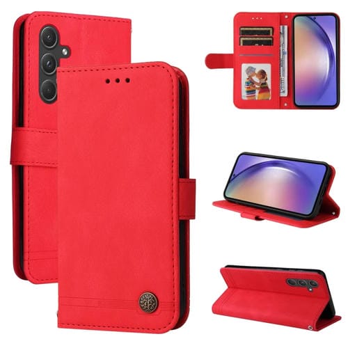 Funda de Cuero Skin Feel Life Tree para Samsung Galaxy A55 con Botón de Metal (Rojo)