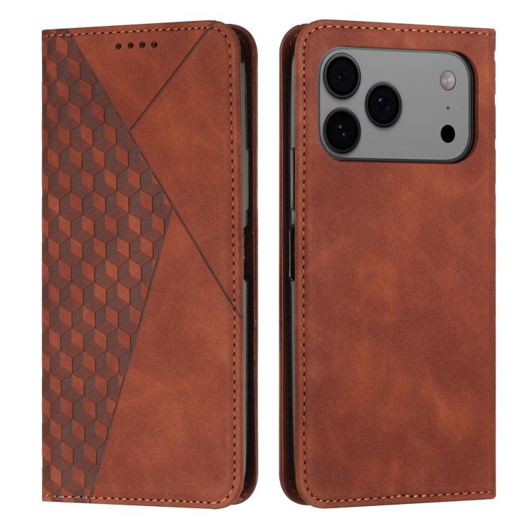 Funda de cuero magnética con textura de diamante para iPhone 17 Pro Max (marrón)