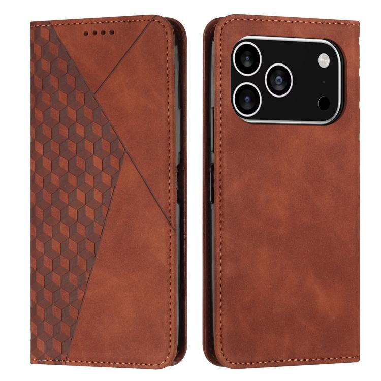 Funda de cuero magnética con textura de diamante para iPhone 17 Pro (marrón)