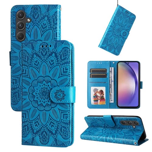 Funda de Cuero Samsung Galaxy A55 Diseño Girasol En Relieve (Azul)