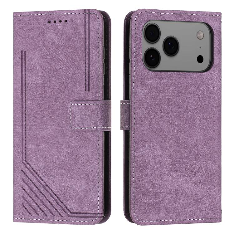 Funda de piel con estampado de rayas y cordón para iPhone 17 Pro Max (morado)