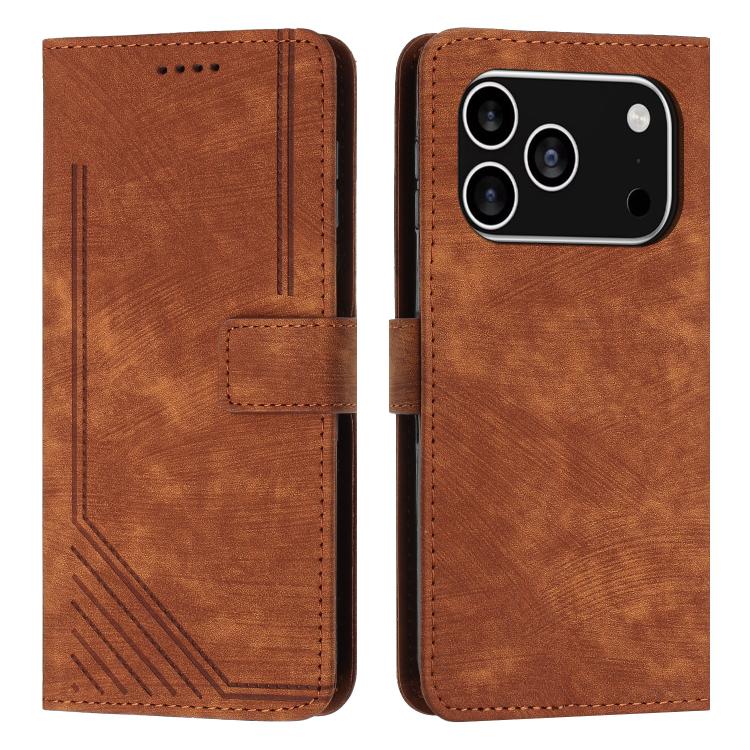 Funda de piel con estampado de rayas y cordón para iPhone 17 Pro (marrón)