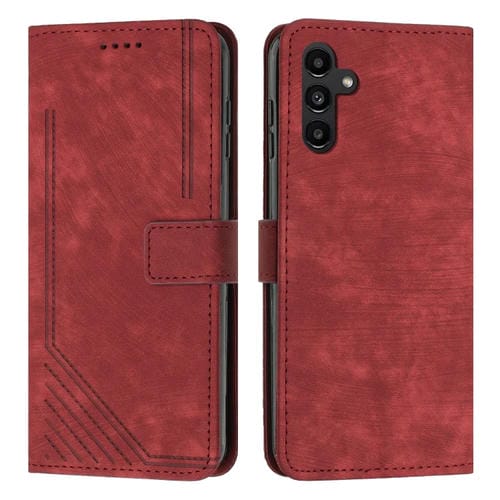 Funda de Cuero Samsung Galaxy A05S Skin Feel con Patrón de Rayas y Cordón (Rojo)