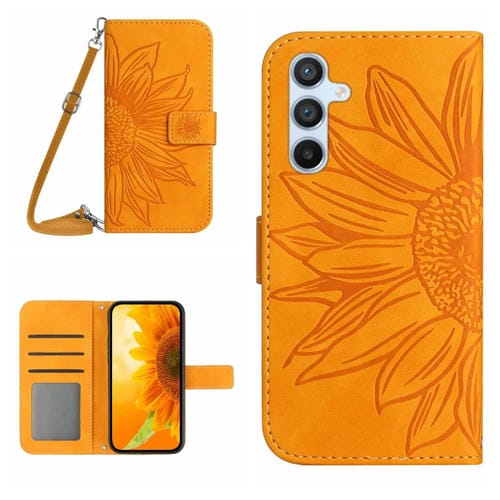 Funda de Cuero Samsung Galaxy A55 5G Skin Feel Sun Flower con Tapa en Relieve y Cordón (Amarillo)