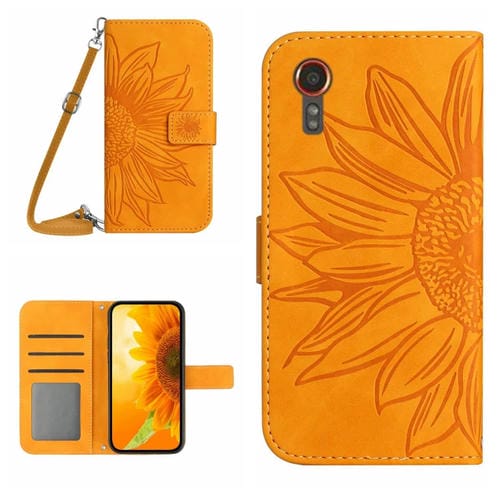 Funda de Cuero Samsung Galaxy Xcover 7 5G Skin Feel Sun Flower con Tapa En Relieve y Cordón (Amarillo)