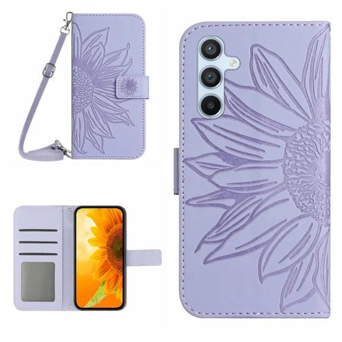 Funda para Samsung Galaxy M15 5G Skin Feel Sun Flower Cuero con Tapa en Relieve y Cordón (Púrpura)