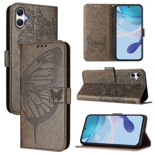 Funda de Piel Samsung Galaxy A06 4G/5G Diseño Mariposa En Relieve (Gris)