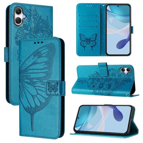 Funda de Cuero Samsung Galaxy A06 4G/5G Diseño Mariposa En Relieve (Azul)