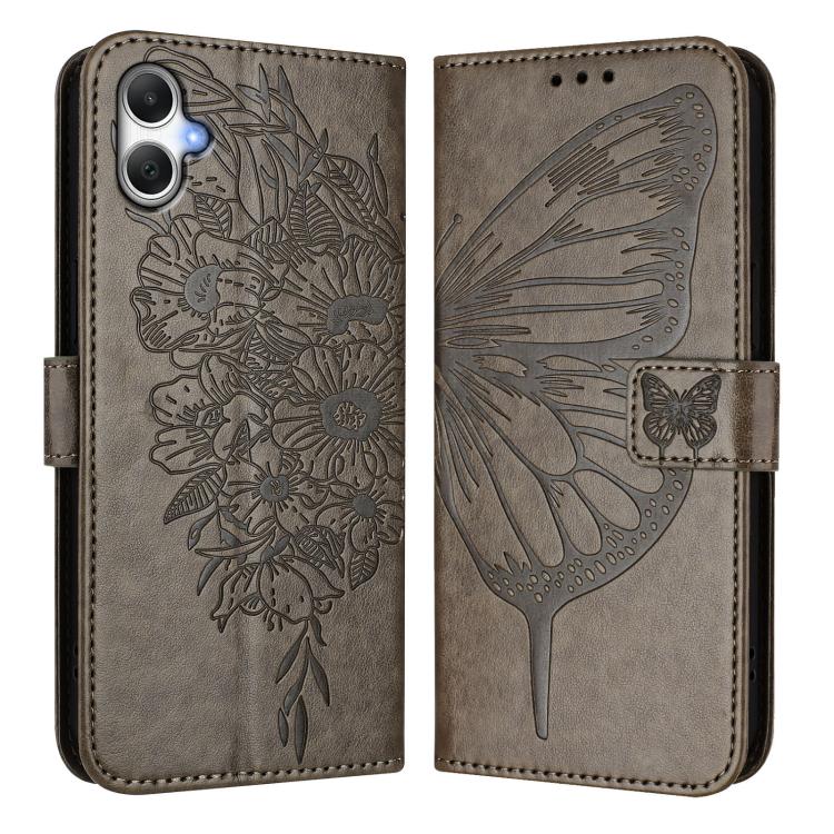 Funda de piel con diseño de mariposa en relieve para Samsung Galaxy A07 4G (gris)