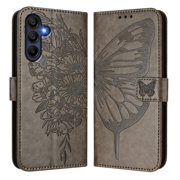 Funda de piel con diseño de mariposa en relieve para Samsung Galaxy A17 5G (gris)