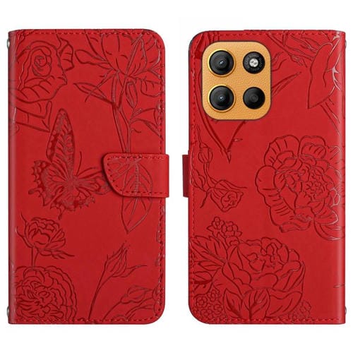 Funda de Cuero con Tapa y Mariposas en Relieve para Motorola Moto G Stylus 5G 2025 (Rojo)
