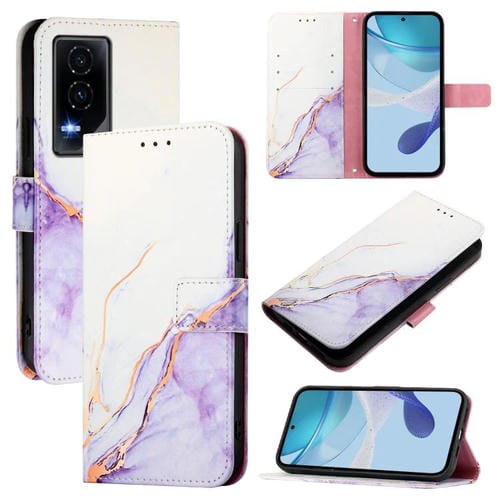 Funda de Cuero con Tapa y Diseño de Mármol para Honor Gt Pt003 (Blanco y Morado)