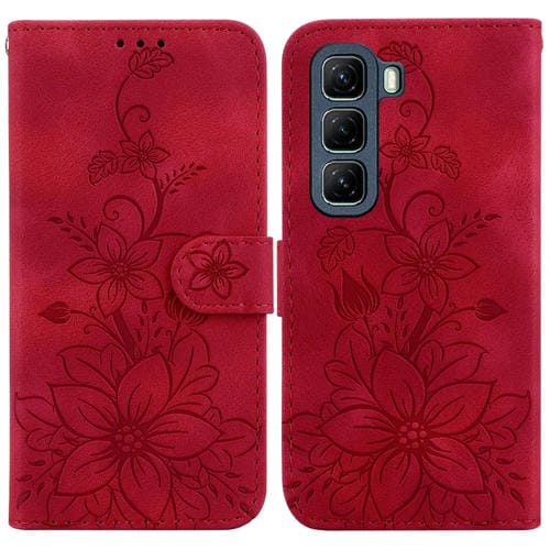 Funda de Cuero con Relieve de Lirio para Infinix Hot 50 4G (Roja)