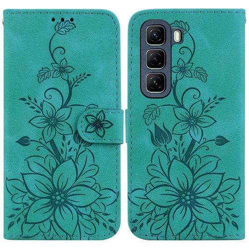 Funda de Cuero con Relieve de Lirio para Infinix Hot 50 5G (Verde)