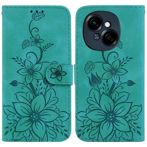 Funda de Cuero con Relieve de Lirio para Tecno Spark Go 1 y Pop 9 Pro (Verde)