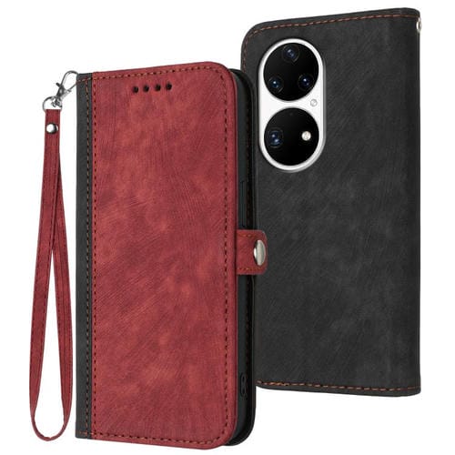 Funda de Cuero para Huawei P50 Pro con Correa de Mano y Hebilla Lateral Doble Plegable (Rojo)