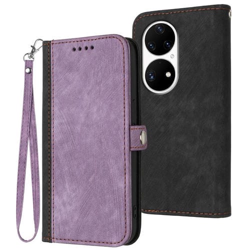 Funda de Cuero para Huawei P50 Pro con Correa de Mano y Hebilla Lateral Doble (Morado)