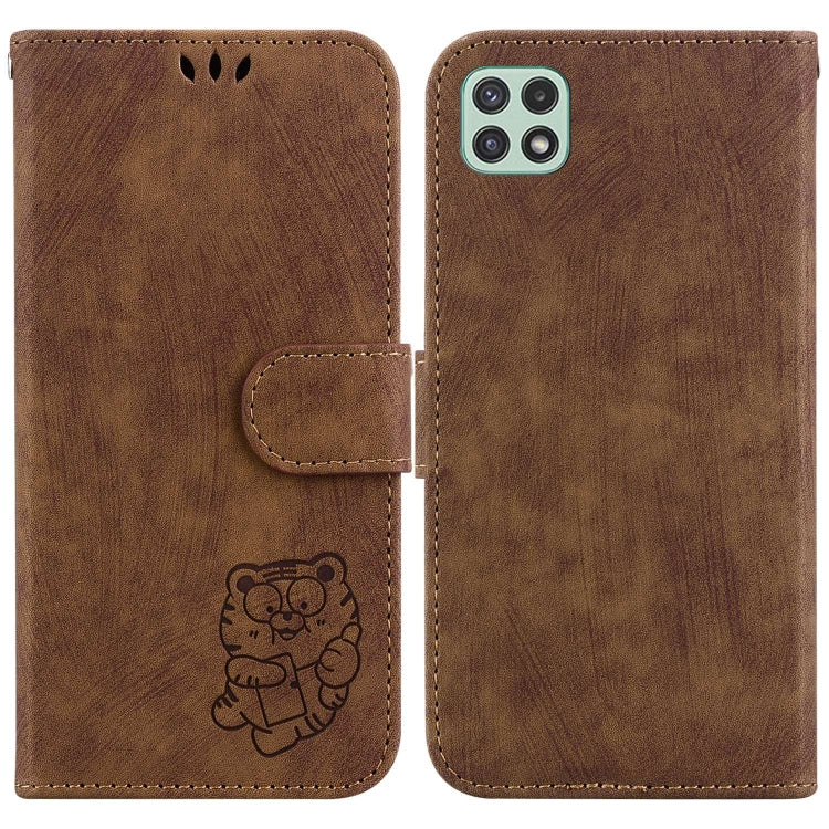 Para Samsung Galaxy A22 5G Funda de cuero con relieve Little Tiger (marrón)
