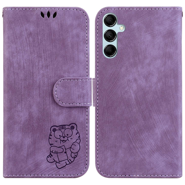 Para Samsung Galaxy M14 Funda para teléfono de cuero con relieve Little Tiger (púrpura)