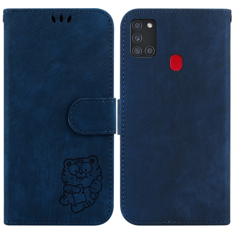 Para Samsung Galaxy A21s Funda para teléfono de cuero con relieve Little Tiger (azul oscuro)