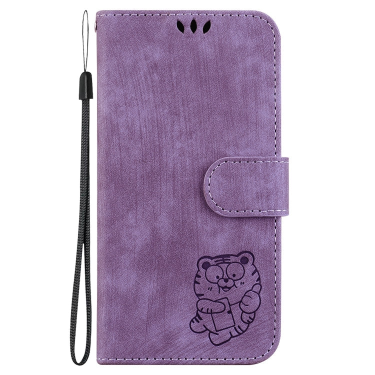 Para Samsung Galaxy S22 Ultra 5G Funda para teléfono de cuero con relieve Little Tiger (púrpura)