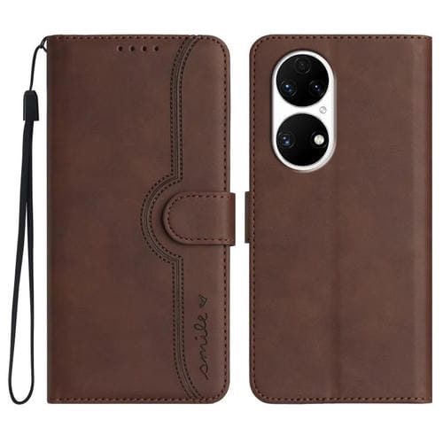 Funda de Piel Huawei P50 con Diseño de Corazón (Marrón)