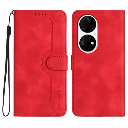 Funda de Piel Sintética con Diseño de Corazón para Huawei P50 Pro (Roja)