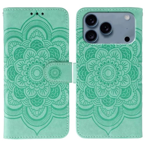 Funda de cuero con estampado de mandala solar para iPhone 17 Pro Max (verde)