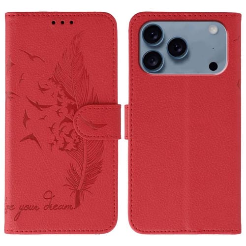 Funda de cuero con textura de lichi y estampado de plumas para iPhone 17 Pro Max (roja)