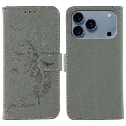 Funda de cuero con textura de lichi y estampado de plumas para iPhone 17 Pro (gris)