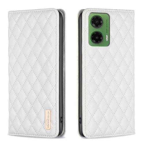 Funda de Cuero Magnética con Tapa Tipo Diamante para Motorola Moto G35 (Blanca)