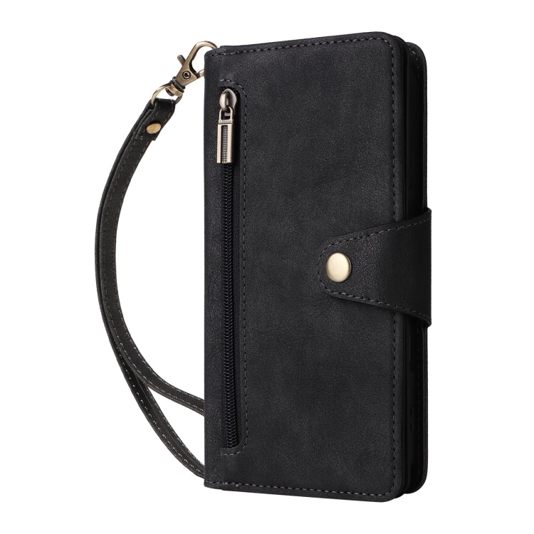 Funda de Cuero para iPhone 16 Plus con Tres Pliegues y Hebilla de Remache (Negro)