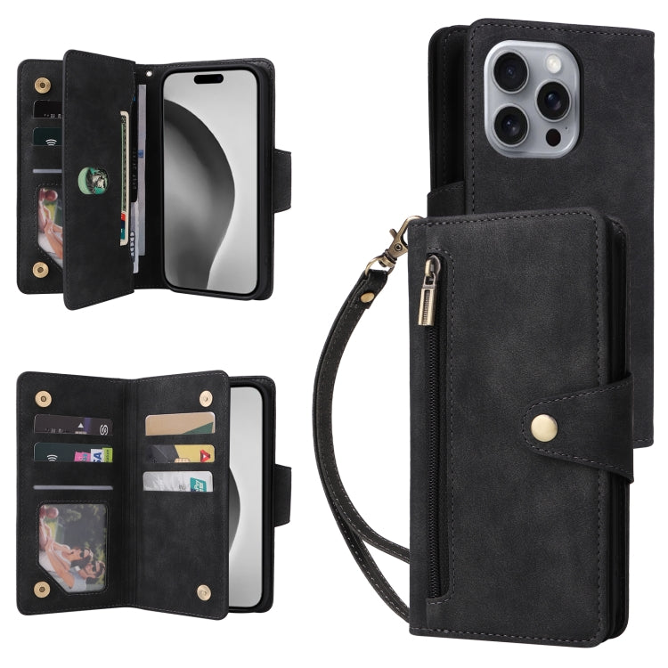 Funda de Cuero para iPhone 16 Pro con Tres Pliegues y Hebilla de Remache (Negro)