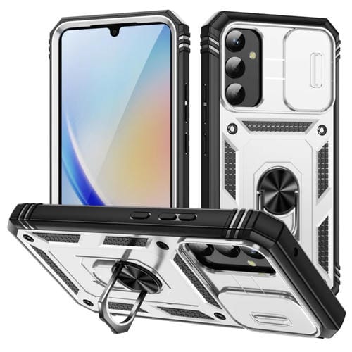 Funda para Teléfono Samsung Galaxy A34 Sliding Camshield TPU con Soporte (Blanco + Negro)