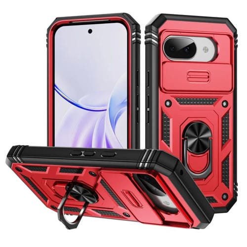 Funda para teléfono Google Pixel 9A con soporte TPU y PC protección deslizante (Rojo y Negro)