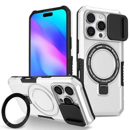 Funda híbrida TPU y PC con soporte Magsafe y protección deslizante para iPhone 16 Pro (Negro y Blanco)