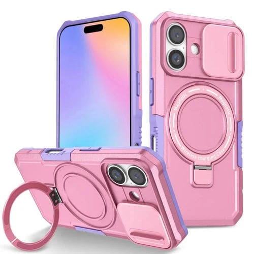 Funda híbrida TPU y PC con soporte Magsafe y protección deslizante para iPhone 16 Plus (Morado y Rosa)