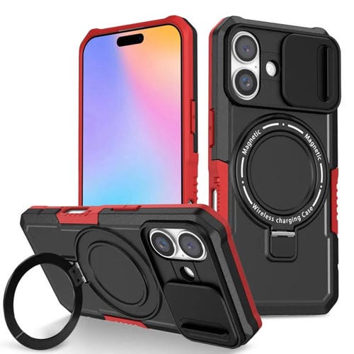 Funda híbrida TPU y PC con soporte Magsafe y protección deslizante para iPhone 16 (Negro y Rojo)