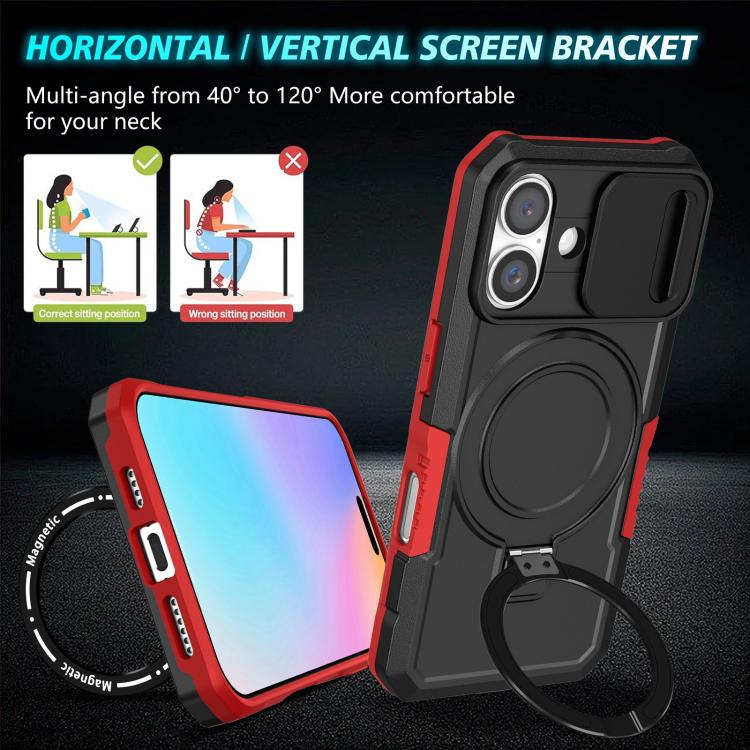 Funda híbrida TPU y PC con soporte Magsafe y protección deslizante para iPhone 16 (Negro y Rojo)