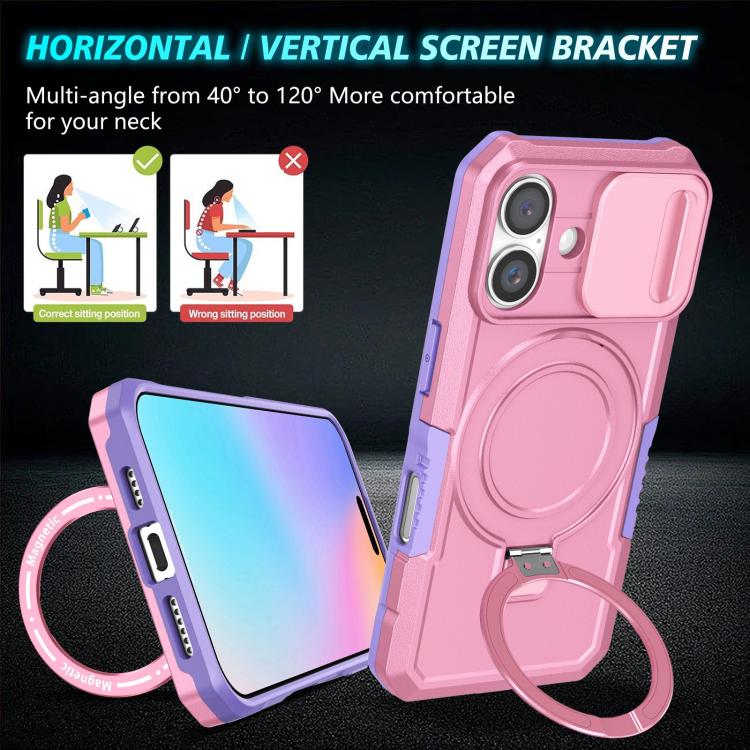 Funda híbrida TPU y PC con soporte Magsafe y protección para iPhone 16 (Morado y Rosa)