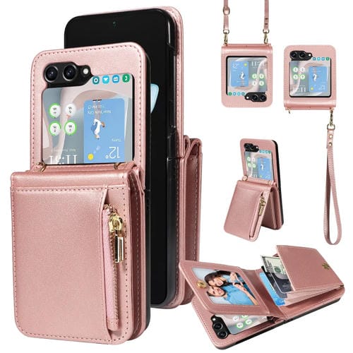 Funda de Cuero Samsung Galaxy Z Flip5 5G Crossbody Lanyard Zipper Wallet (Oro Rosa)