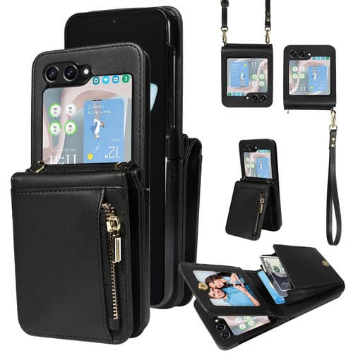 Funda de Cuero para Teléfono Samsung Galaxy Z Flip5 5G Crossbody Lanyard Zipper Wallet (Negro)