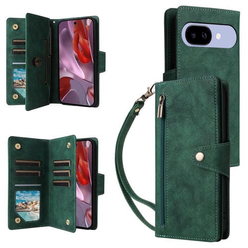 Estuche de Cuero con Tres Pliegues y Hebilla de Remache para Google Pixel 9A (Verde)