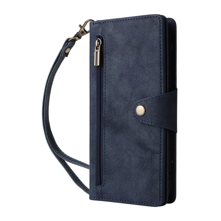Estuche de Cuero con Tres Pliegues y Hebilla de Remache para Google Pixel 9A (Azul)