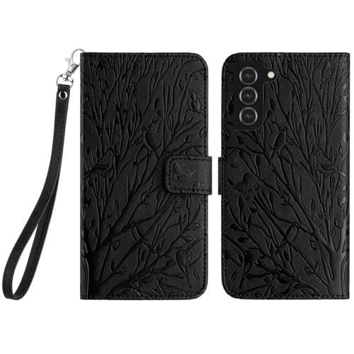 Funda para Teléfono Samsung Galaxy S22+ 5G Cuero Patrón En Relieve Tree Birds (Negro)