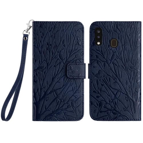 Funda para Teléfono Samsung Galaxy A20 / A30 Cuero Patrón En Relieve Tree Birds (Azul)