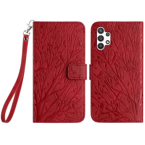Funda para Teléfono Samsung Galaxy A32 4G Cuero Patrón En Relieve Tree Birds (Rojo)
