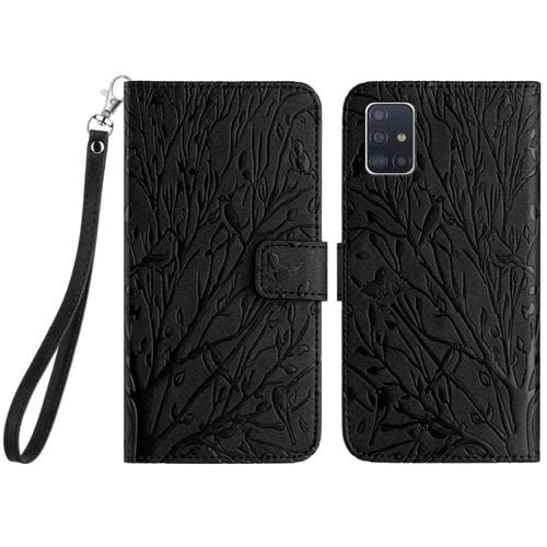 Funda para Teléfono Samsung Galaxy A51 4G Cuero Patrón En Relieve Tree Birds (Negro)