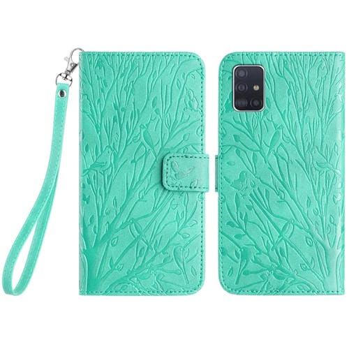 Funda para Teléfono Samsung Galaxy A71 4G Cuero Patrón En Relieve Tree Birds (Verde)